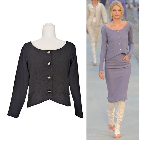Chanel Cruise 2012 Jacket Blazer Wool Silk Crystal CC Buttons Cropped Black FR40 - Picture 1 of 12